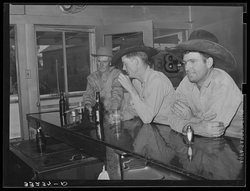 1939 photograph of cowboys in a beer parlor in Alpine, Brewster County, Texas