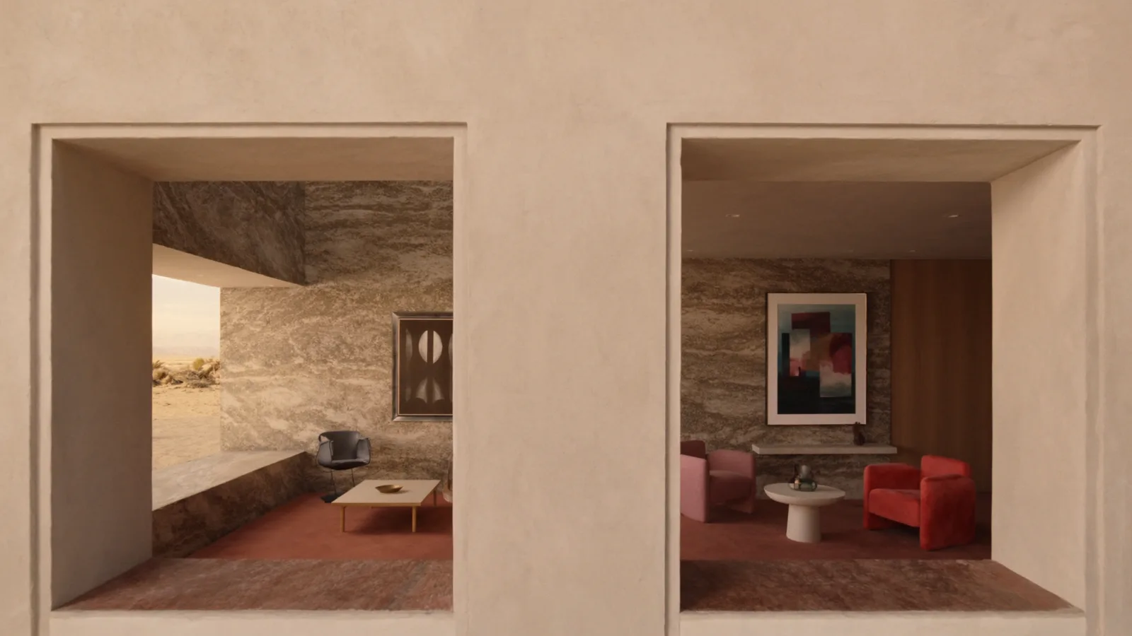 Concept visualization of a Mexican Modernist hotel lobby with two sunken conversation areas